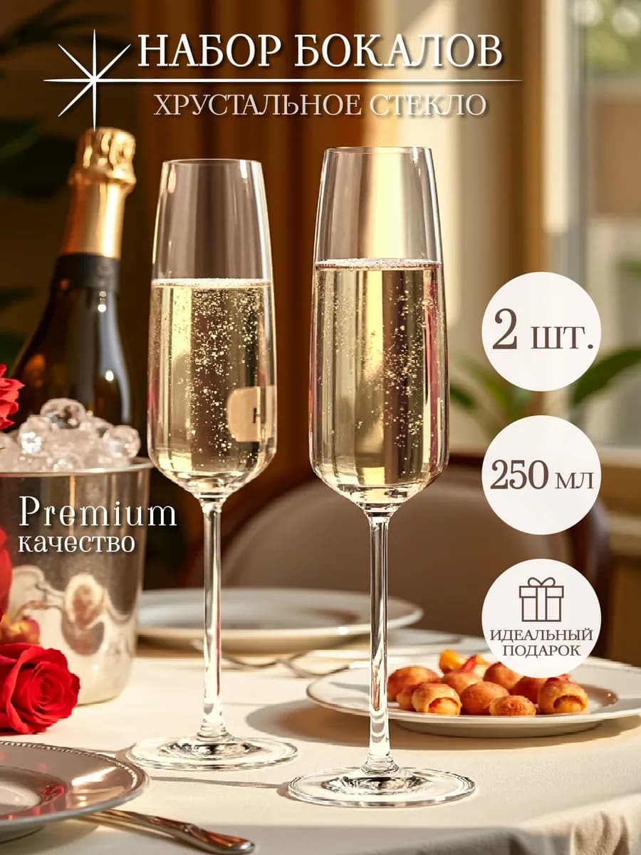 Бокалы для шампанского 245 мл набор 2 шт. хрусталь - фото 1