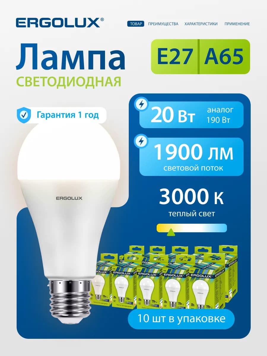 Лампочки светодиодные E27 20W 3000К Led теплый свет 10 шт
