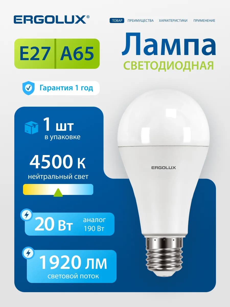 Светодиодная лампочка LED 20W 4500К E27