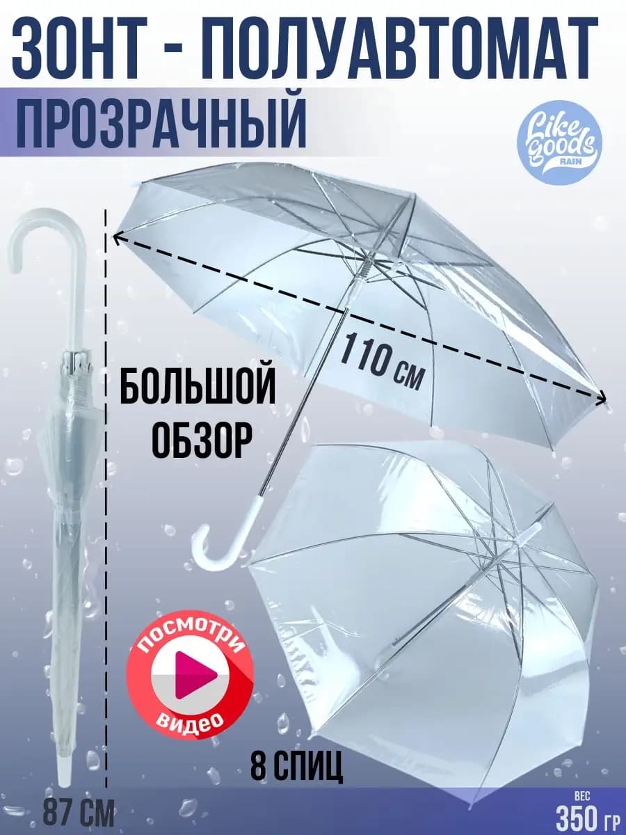 Зонт трость прозрачный 110см