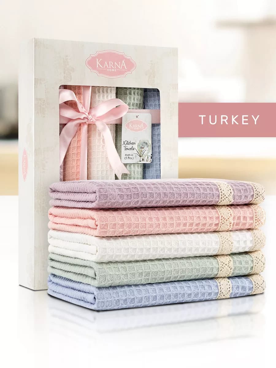 Кухонные полотенца вафельные - набор 5 шт, 40x60 с гипюром