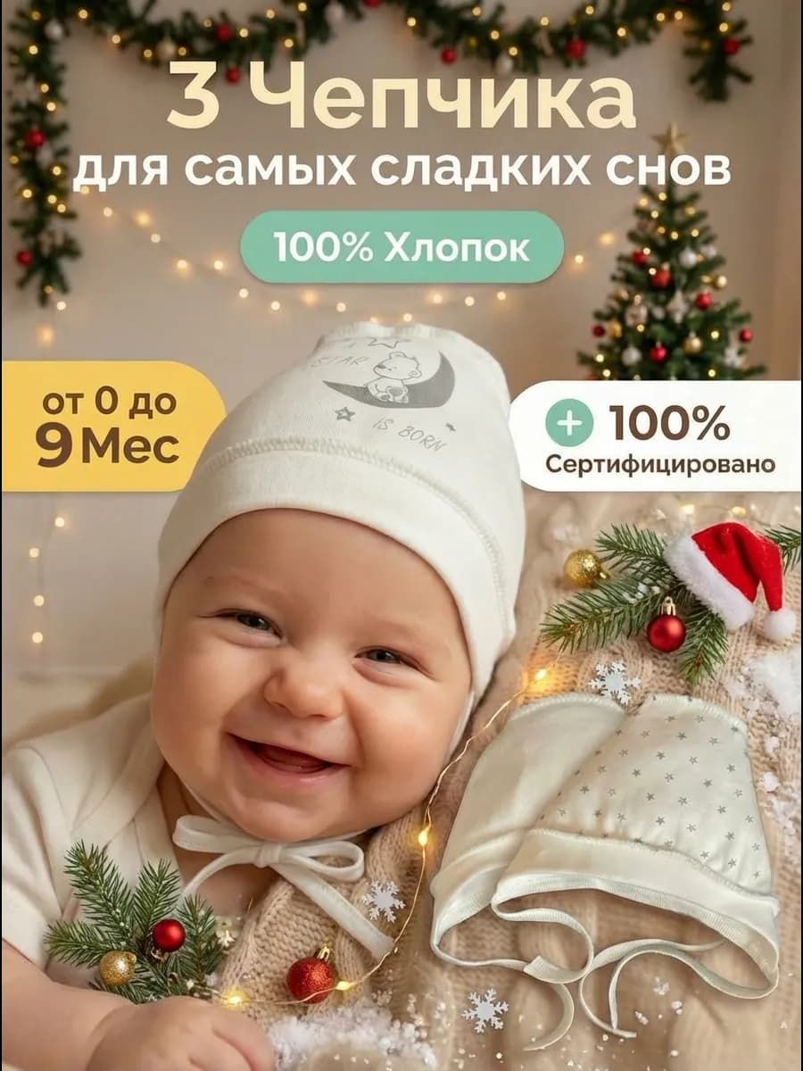 Чепчик для новорожденного в роддом 3 шт. Хлопок 100%