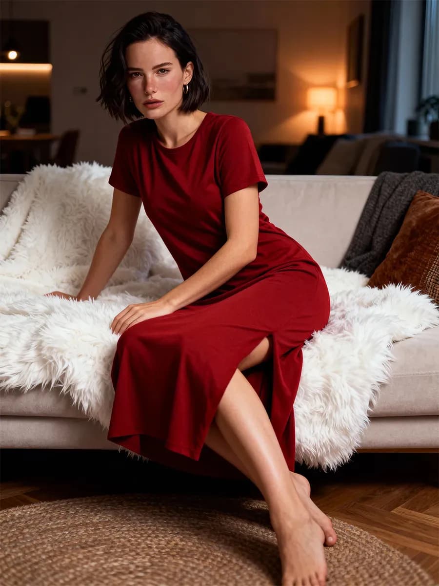 Платье-футболка домашнее длинное с разрезами хлопок