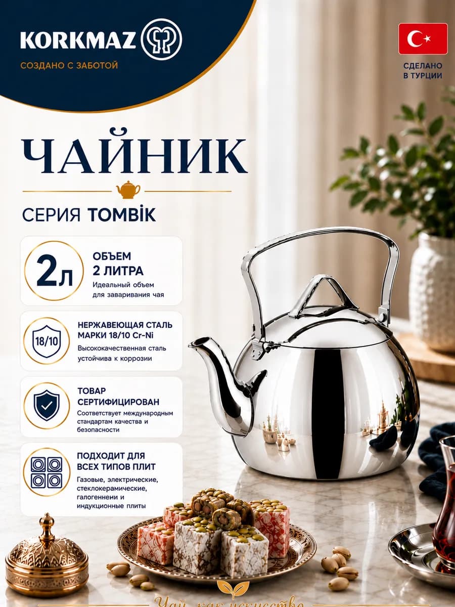 Чайник для плиты из нержавеющей стали, 2 л