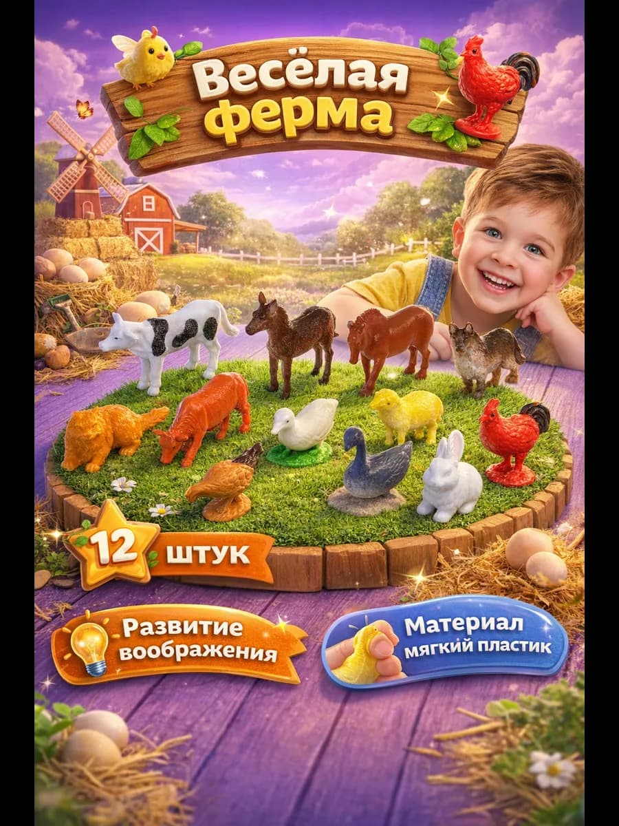Животные фигурки для малышей ферма набор 12 штук - фото 1