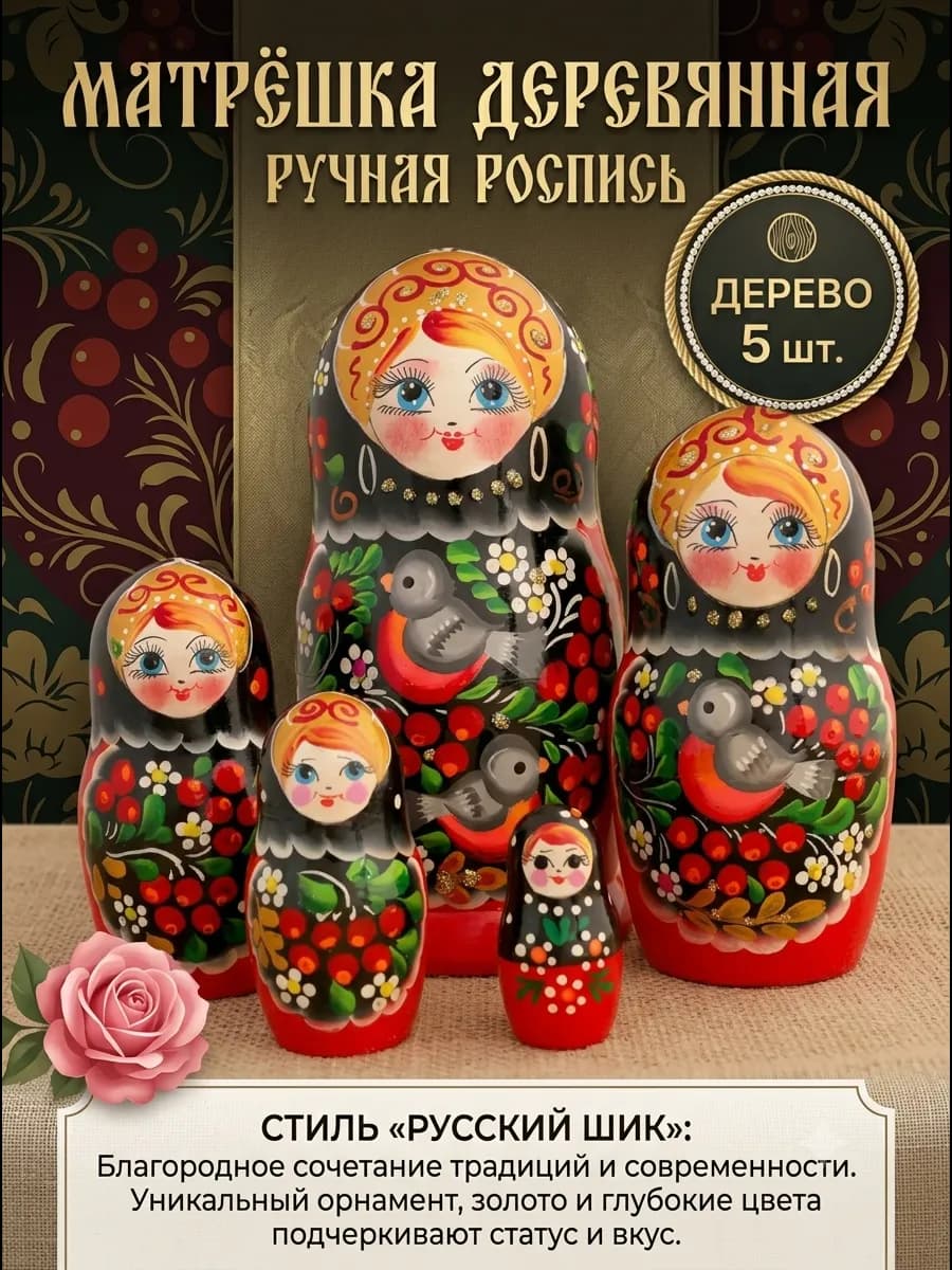 Декор для дома Матрешка Снегири в рябине