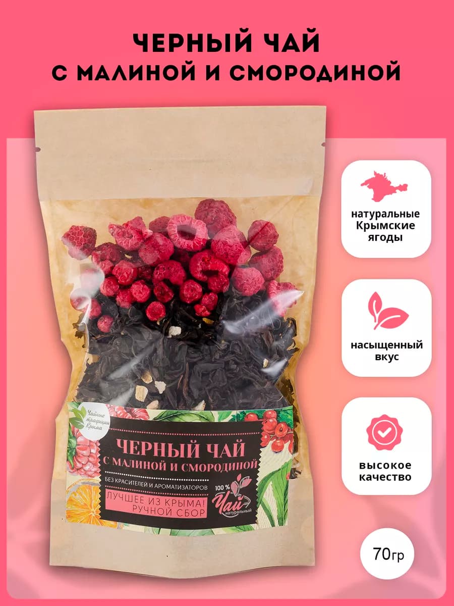 Черный чай с ягодами малины и смородины фруктовый