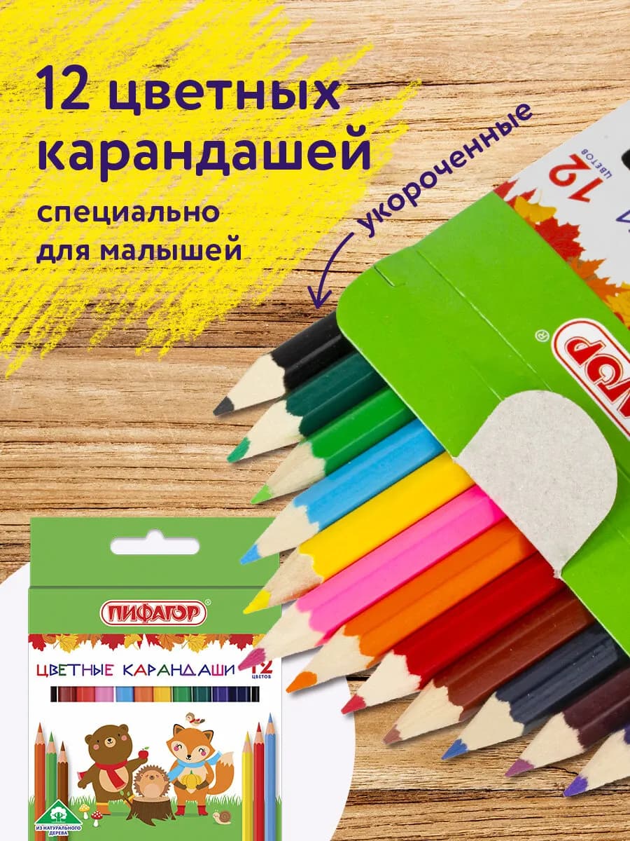 Карандаши цветные 12цв, укороченные