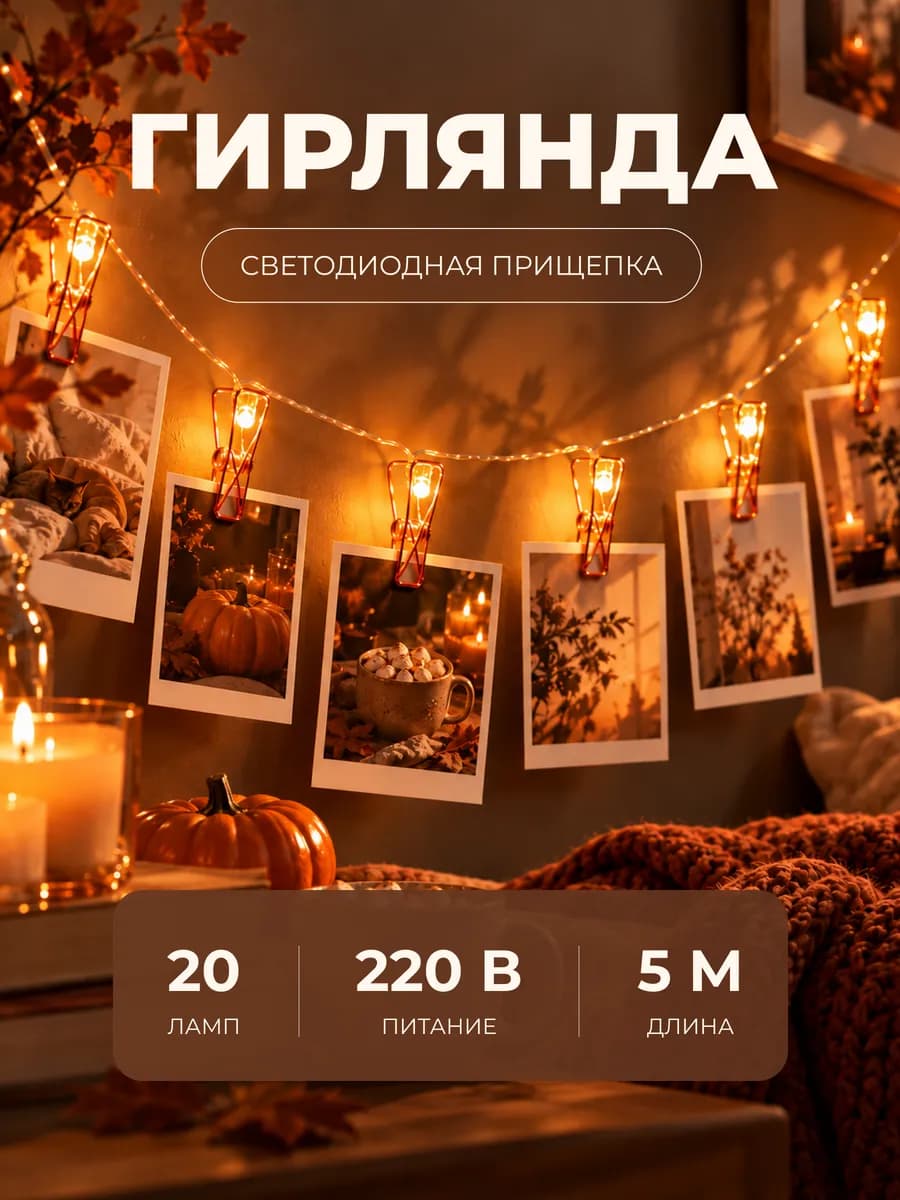 Гирлянда с прищепками для фото на стену светодиодная 5м