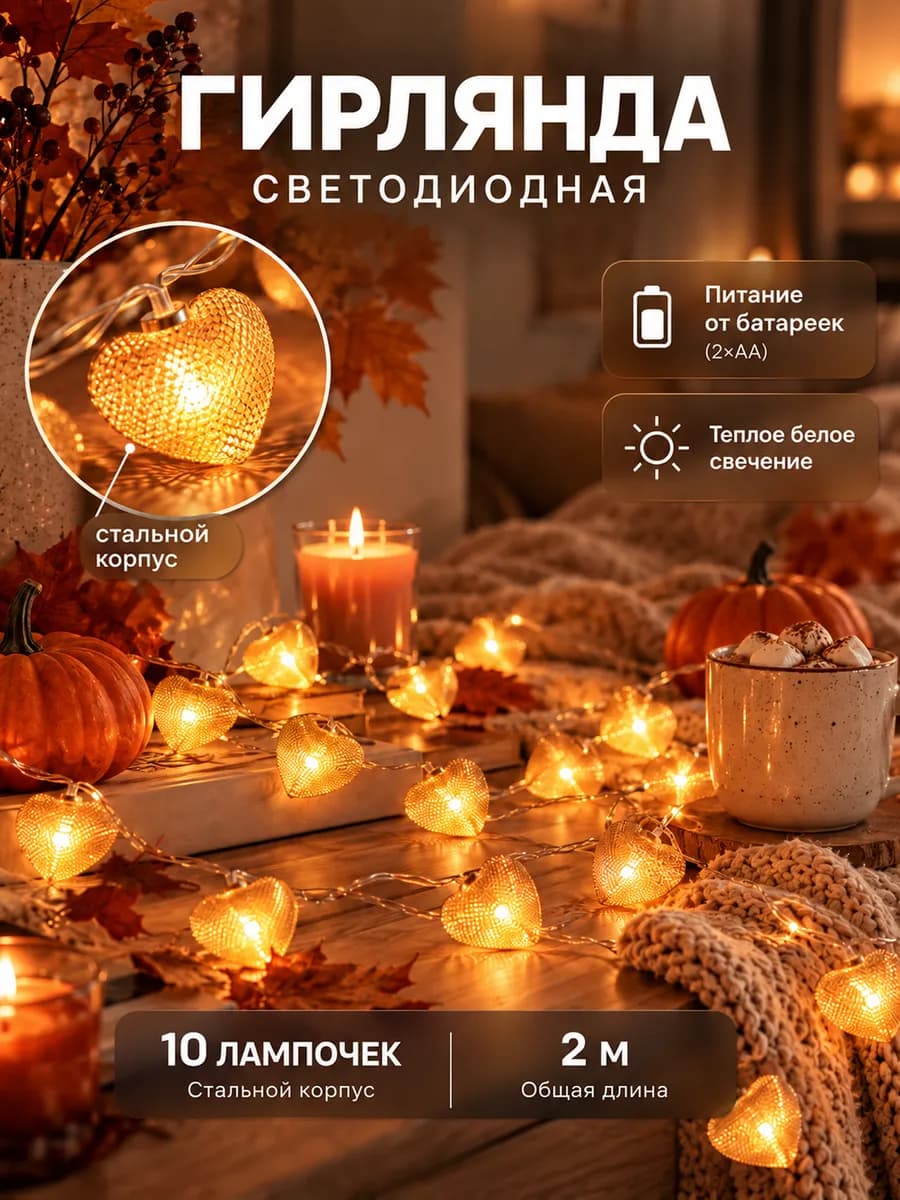 Гирлянда настенная украшение для дома сердечки 2 м