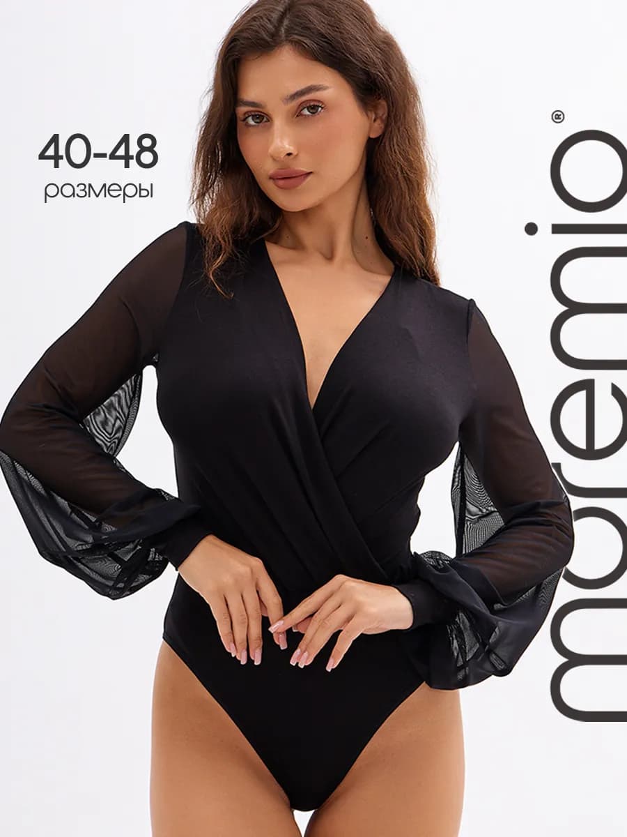 Блузка боди вечернее на запах с пышными прозрачными рукавами