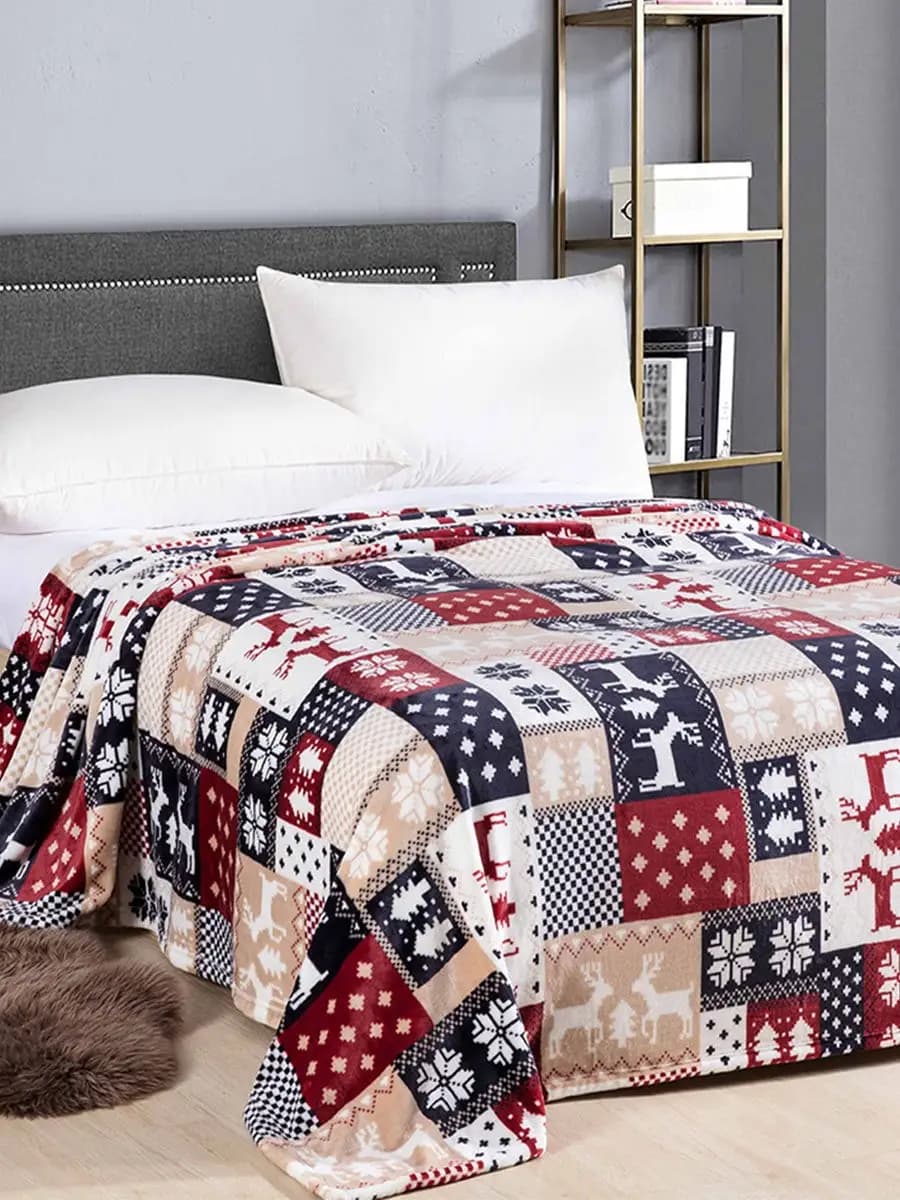 плед 200х220 см новогодний, с оленями теплый