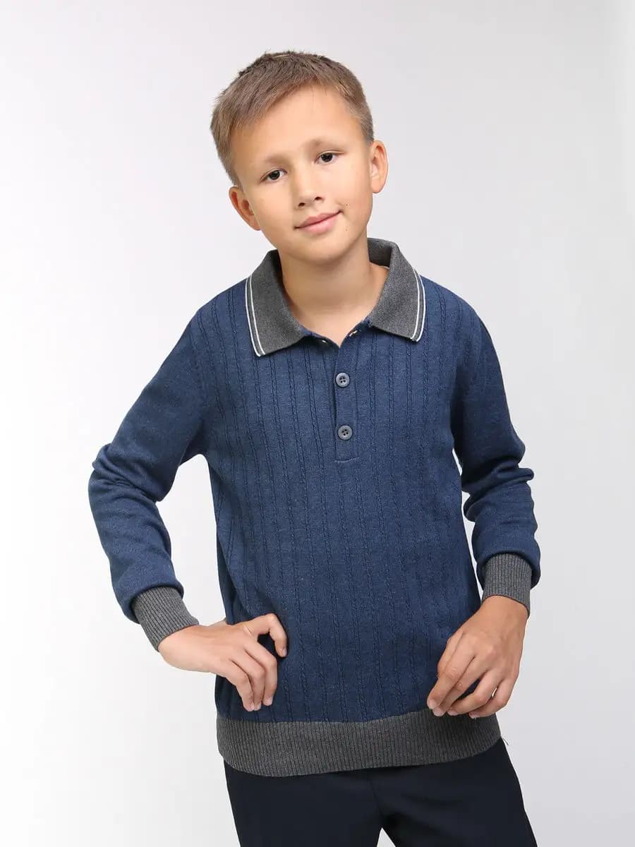 Джемпер поло в школу вязаный теплый, индиго - фото 1