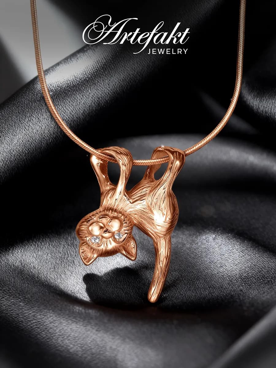 Подвеска золотая котик серебро 925 на шею серебряная кошка