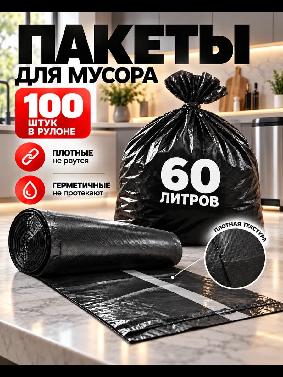 Мешки для мусора прочные 60 л. 100 шт