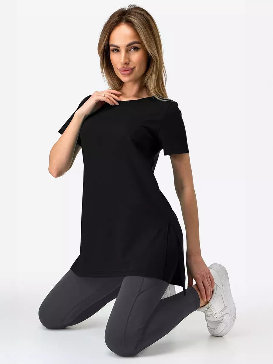 Футболка с разрезами удлиненная однотонная хлопок