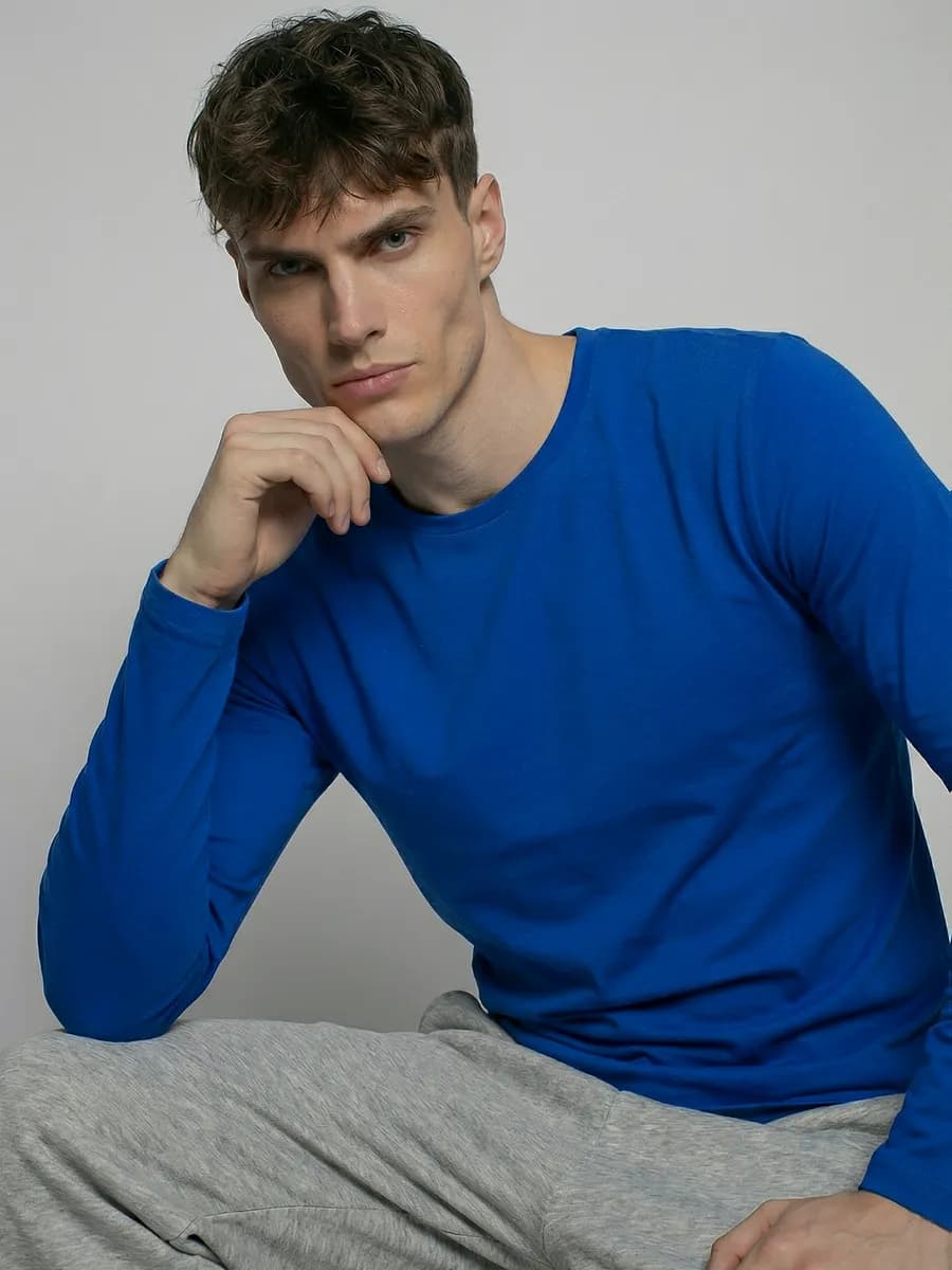 Лонгслив синий футболка с длинным рукавом хлопок
