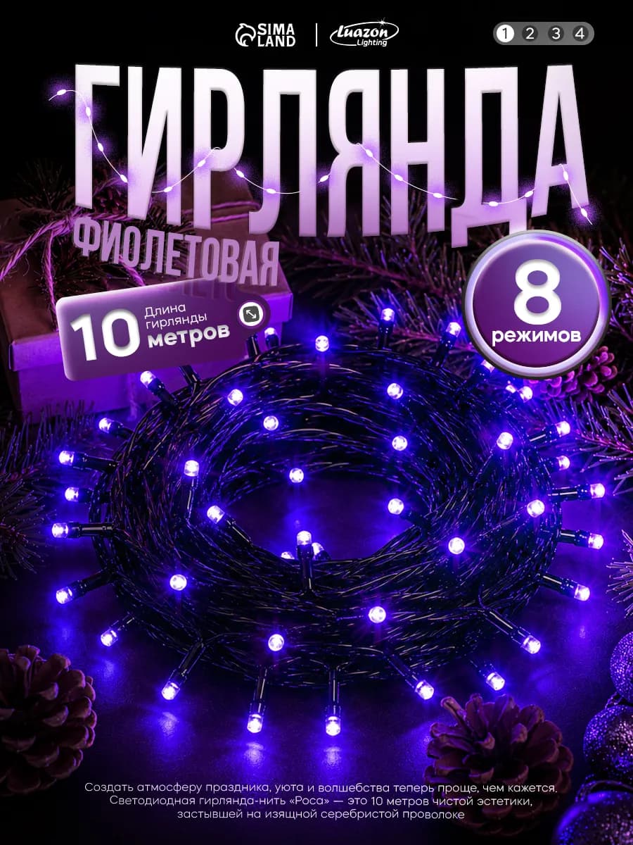 Гирлянда на елку новогодняя 10 метров фиолетовая