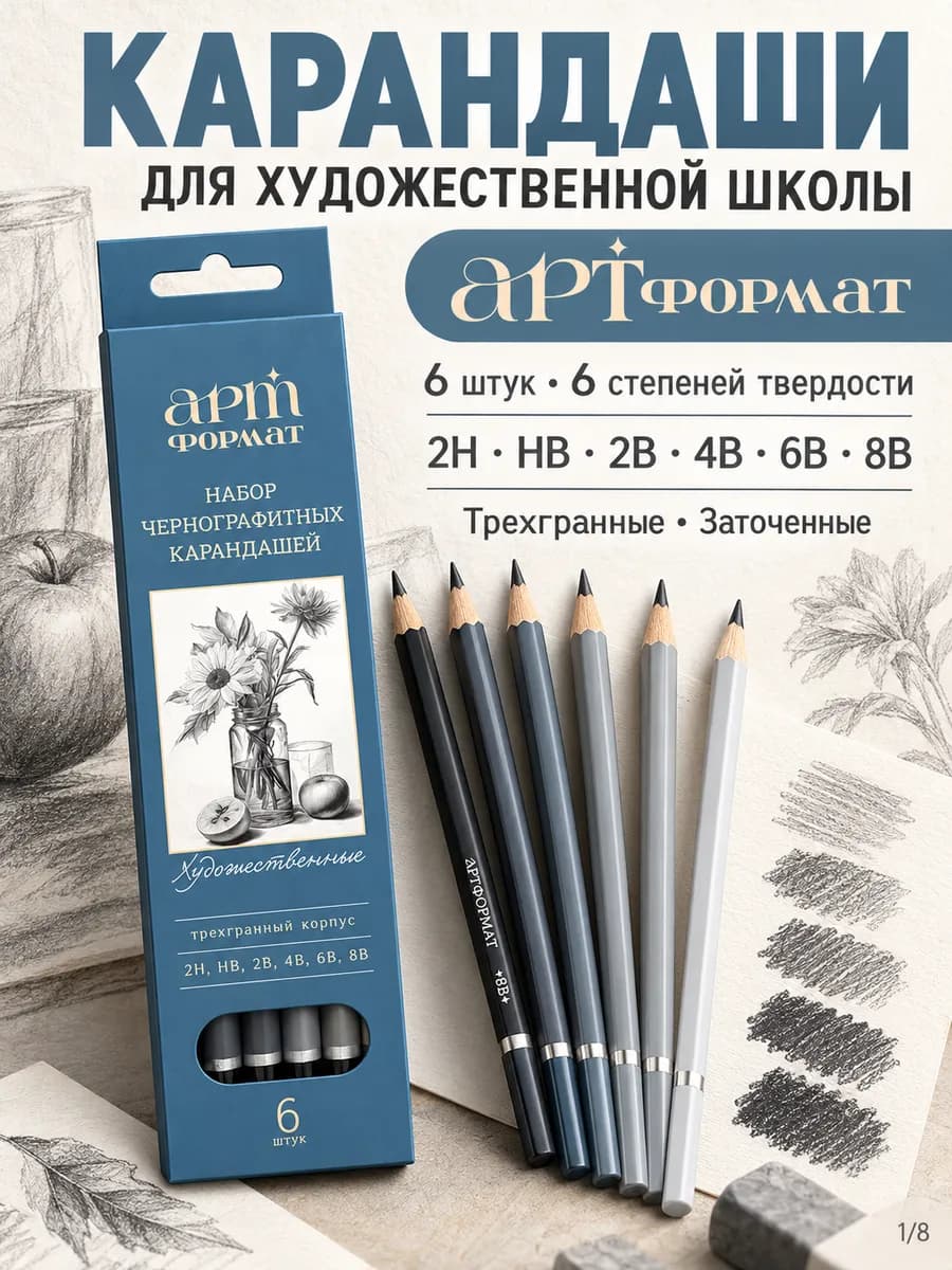 Карандаши простые художественные трехгранные набор 6шт