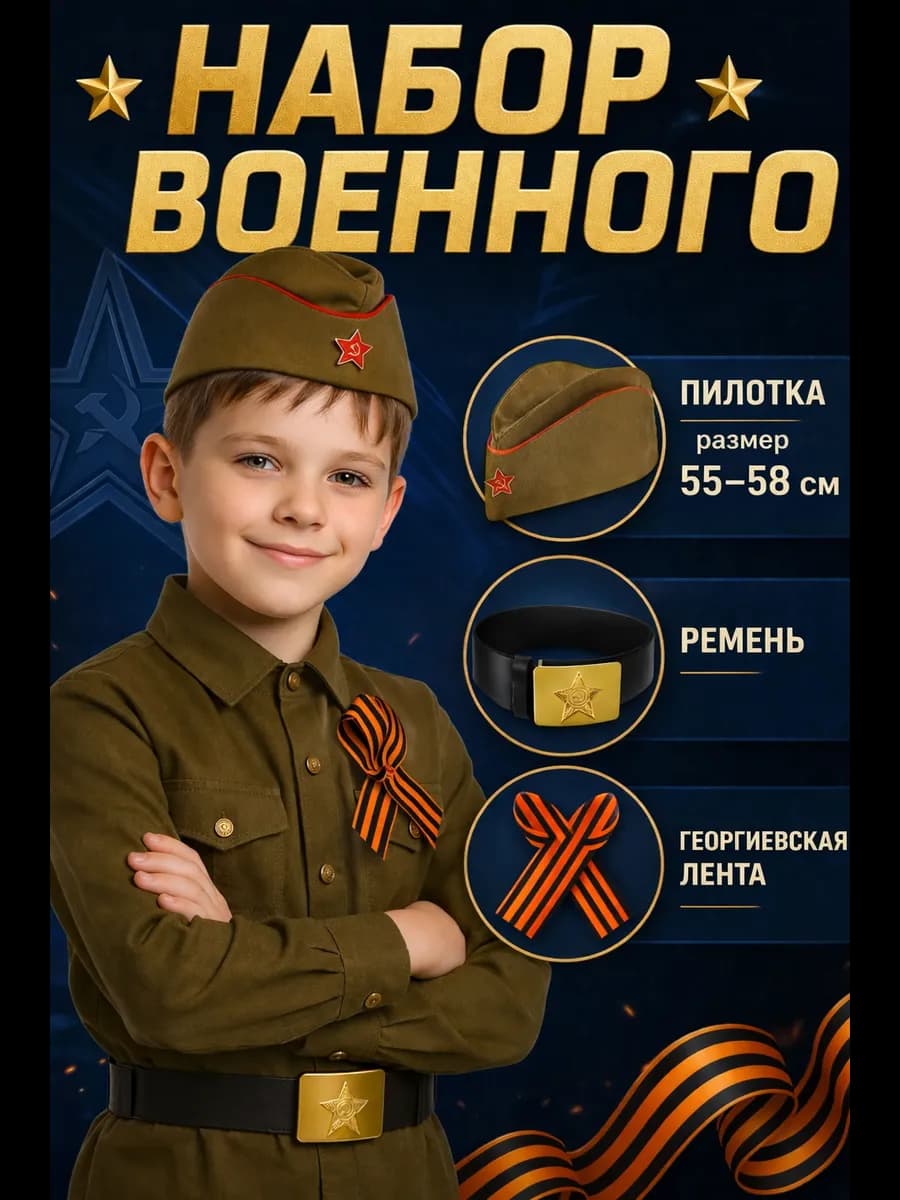 Набор военного пилотка, георгиевская лента, ремень
