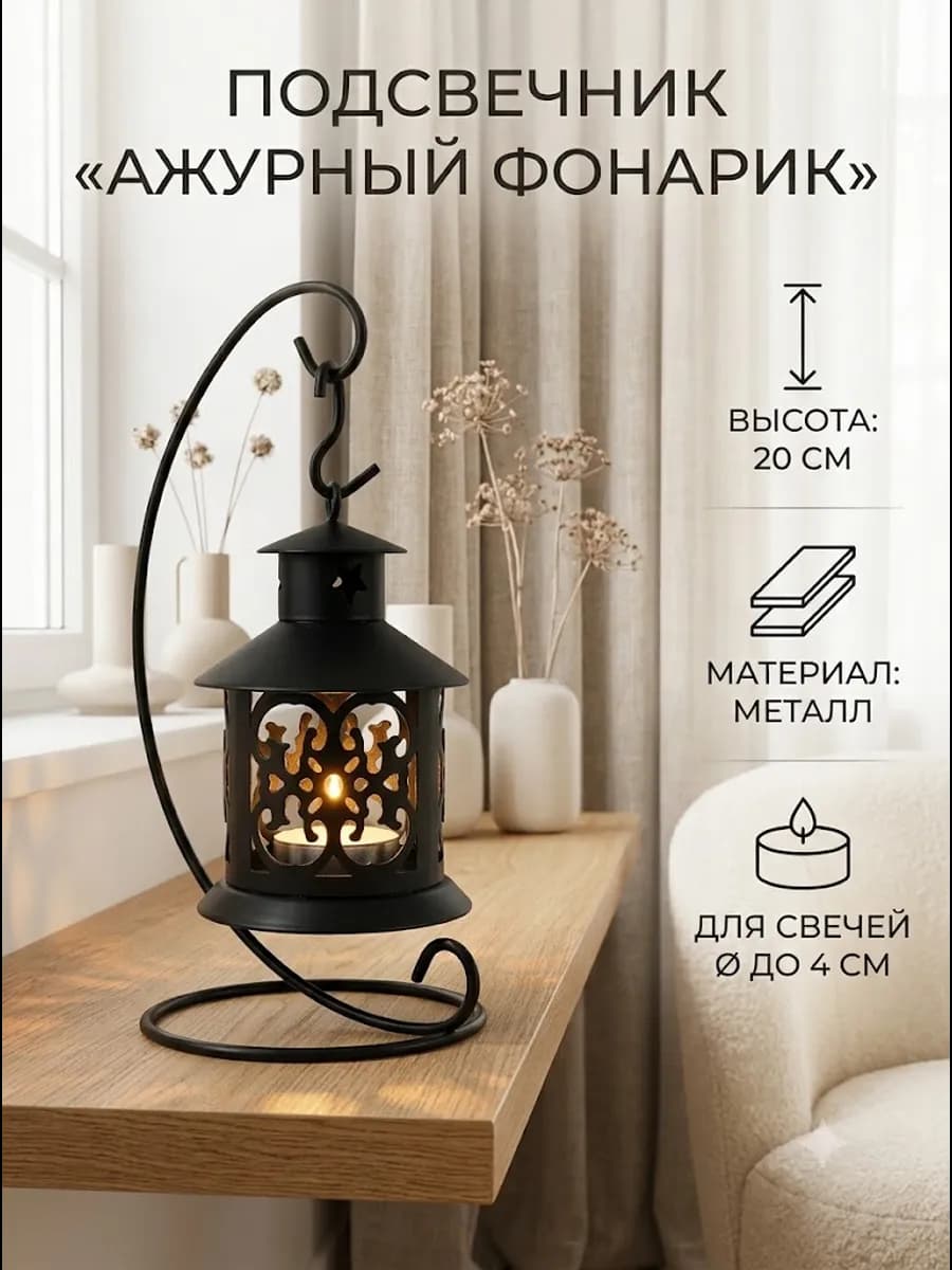 Подсвечник металл 1 свеча "Ажурный фонарик" 20*12*9,5 см