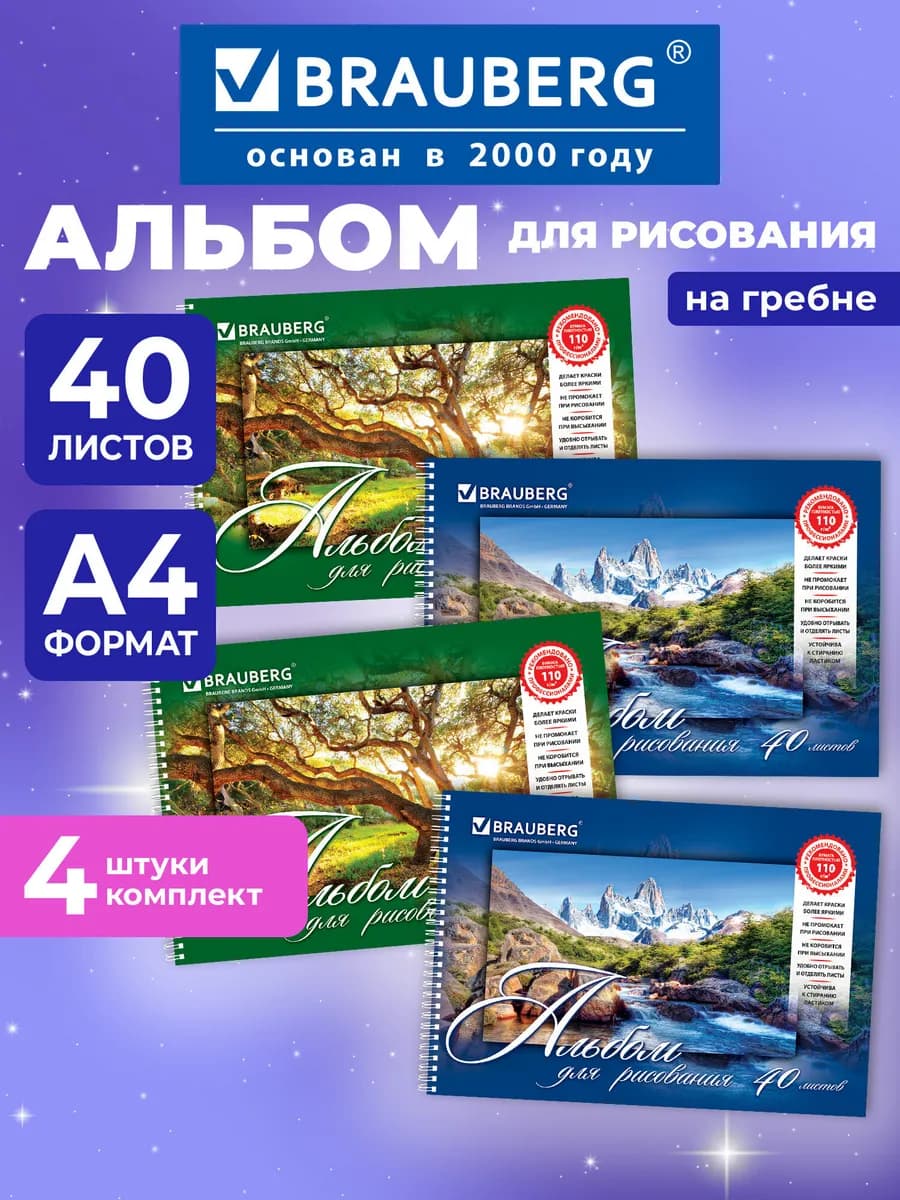 Альбом для рисования КОМПЛЕКТ А4 40л 4шт гребень обл.картон