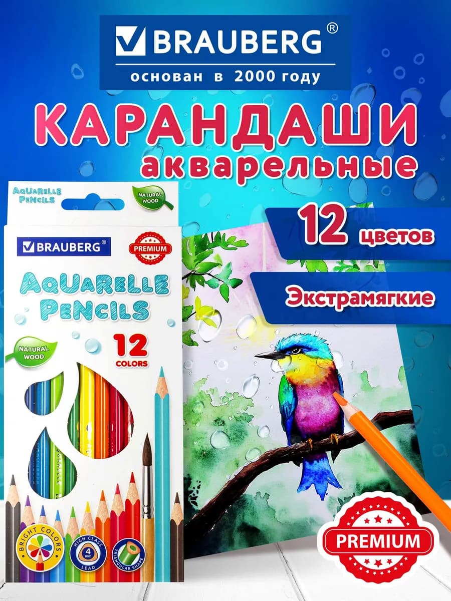 Карандаши цветные для рисования акварельные Premium 12 цв
