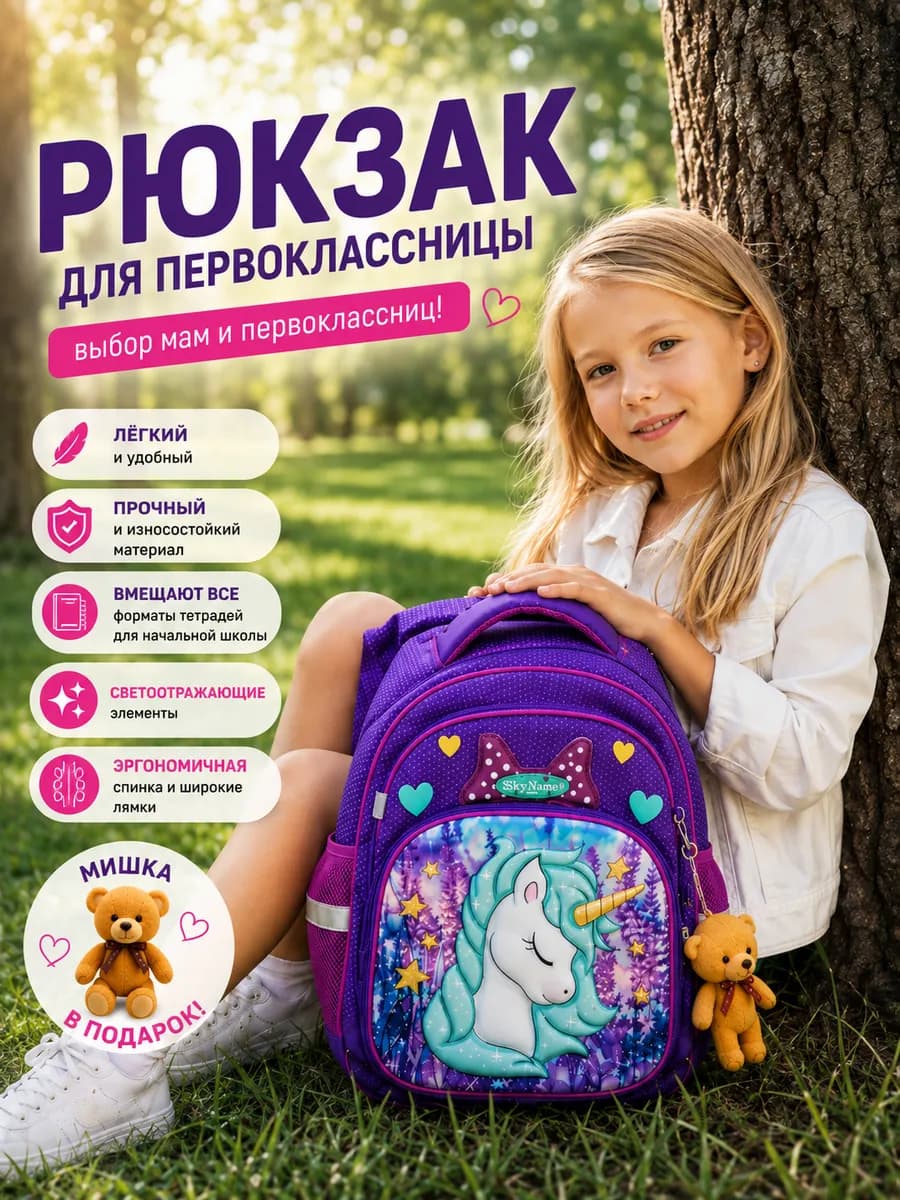 Рюкзак школьный девочки 17л А4 анатомическая спинка+мишка