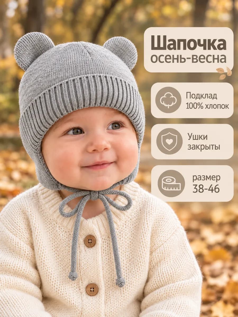 Шапка детская демисезонная с подкладом ушки Pure Love BEAR