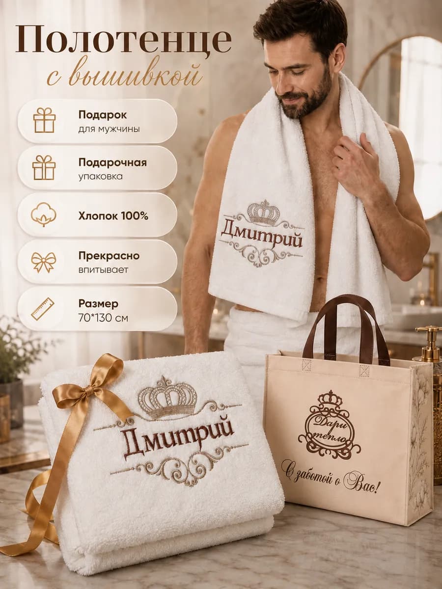 Полотенце банное именное Дмитрий 70х130 см белое