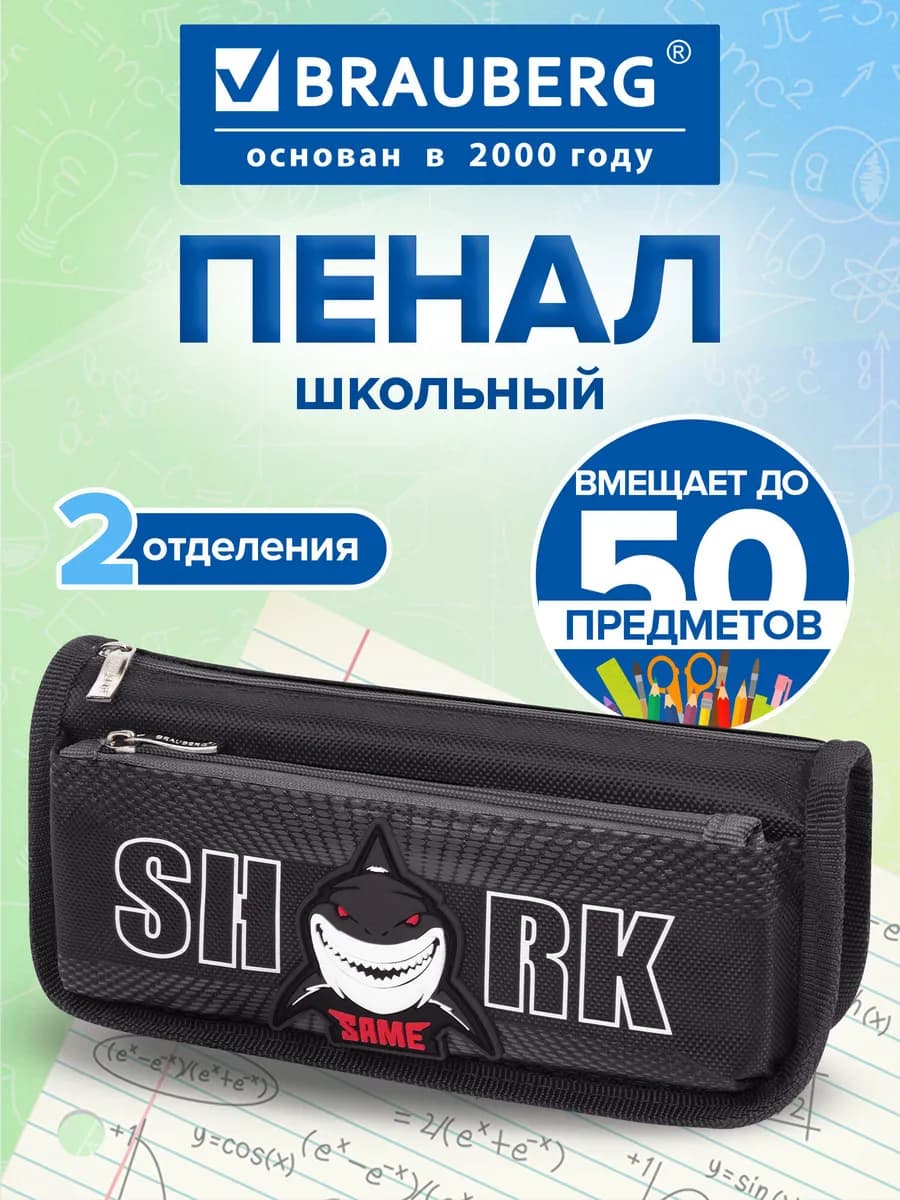 Пенал школьный для мальчика, 2 отдел. Shark, черный