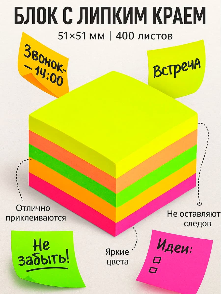 Стикеры 400 листов для заметок липким краем