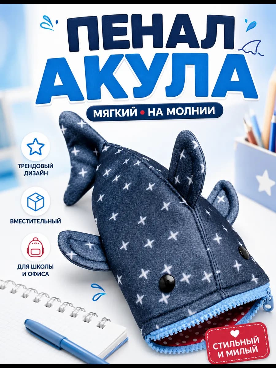 Пенал акула школьный мягкий для ручек и карандашей