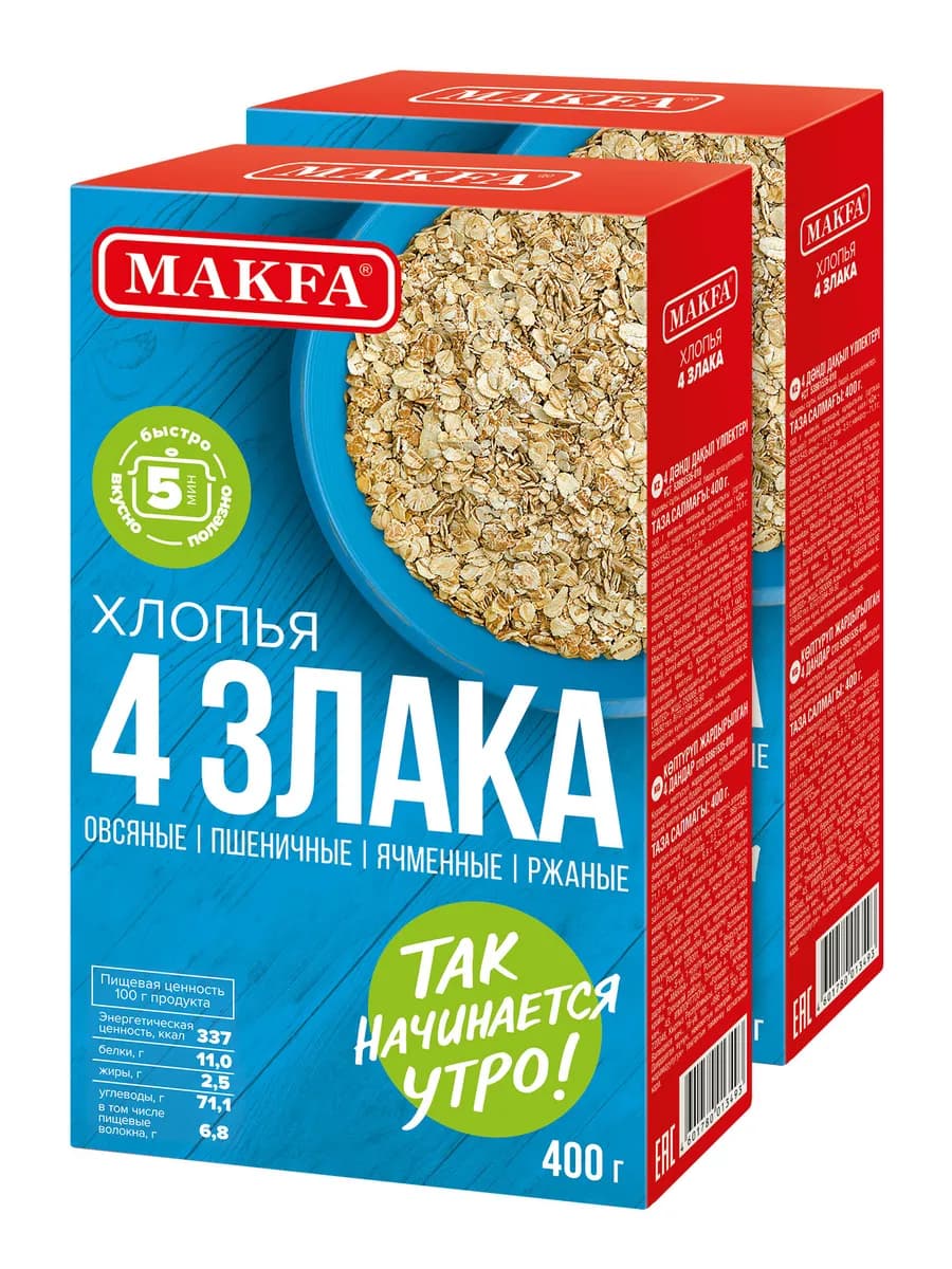 Мультизлаковые зерновые хлопья "4 злака", 2 шт. по 400 г
