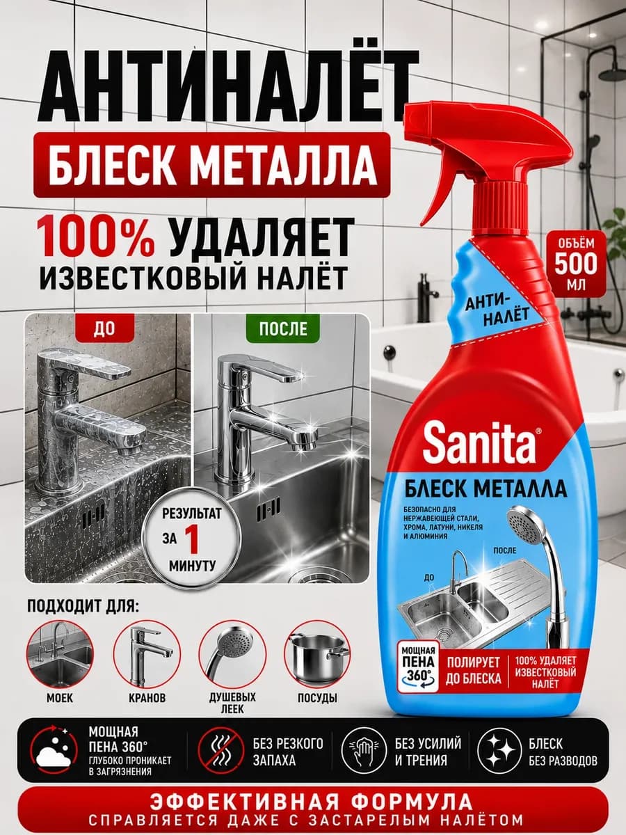 Антиналет для сантехники спрей Блеск металла, 500 мл