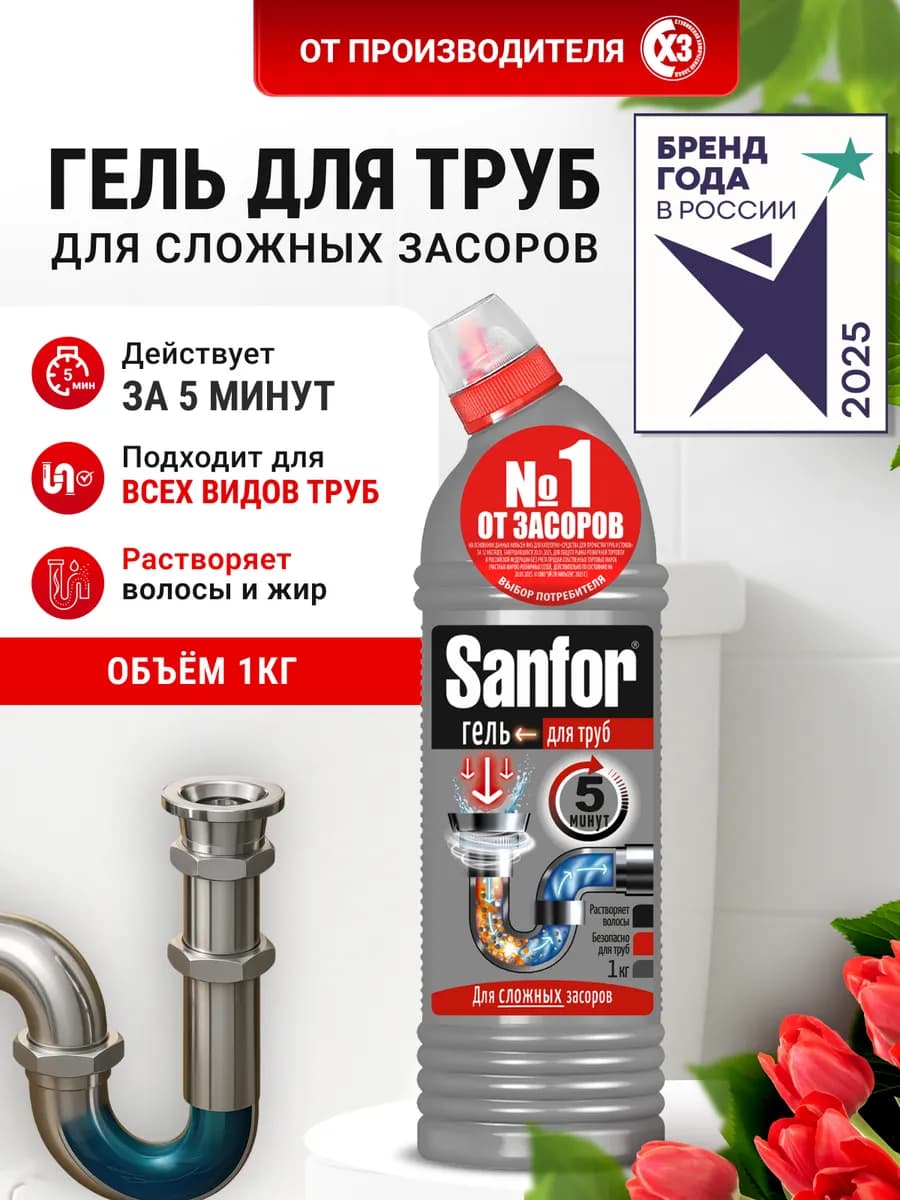 Чистящее средство гель очиститель антизасор для труб 1 л