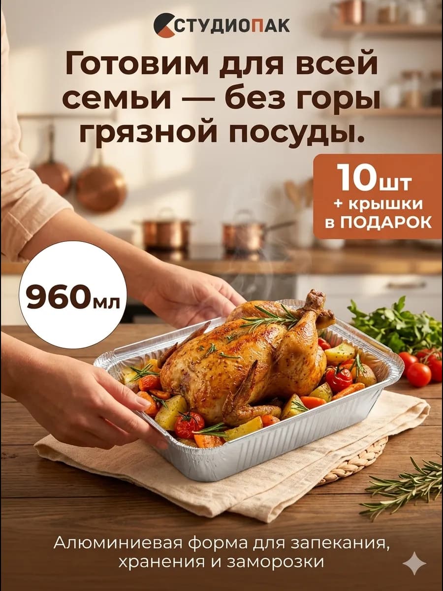 Формы одноразовые для запекания с крышками 960 мл 10 шт