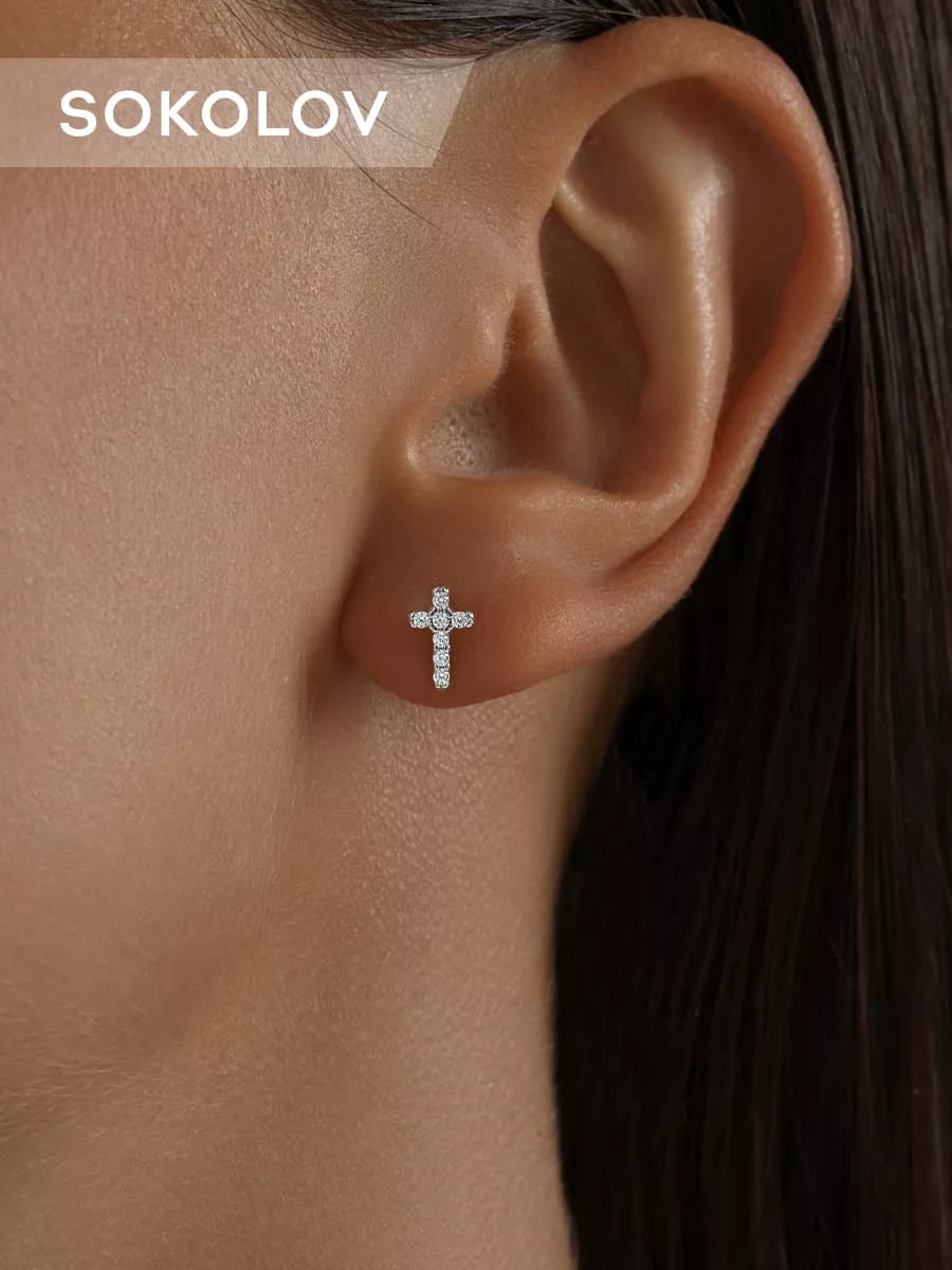 Моносерьга одиночная серебряная 925 пробы с фианитами - фото 1