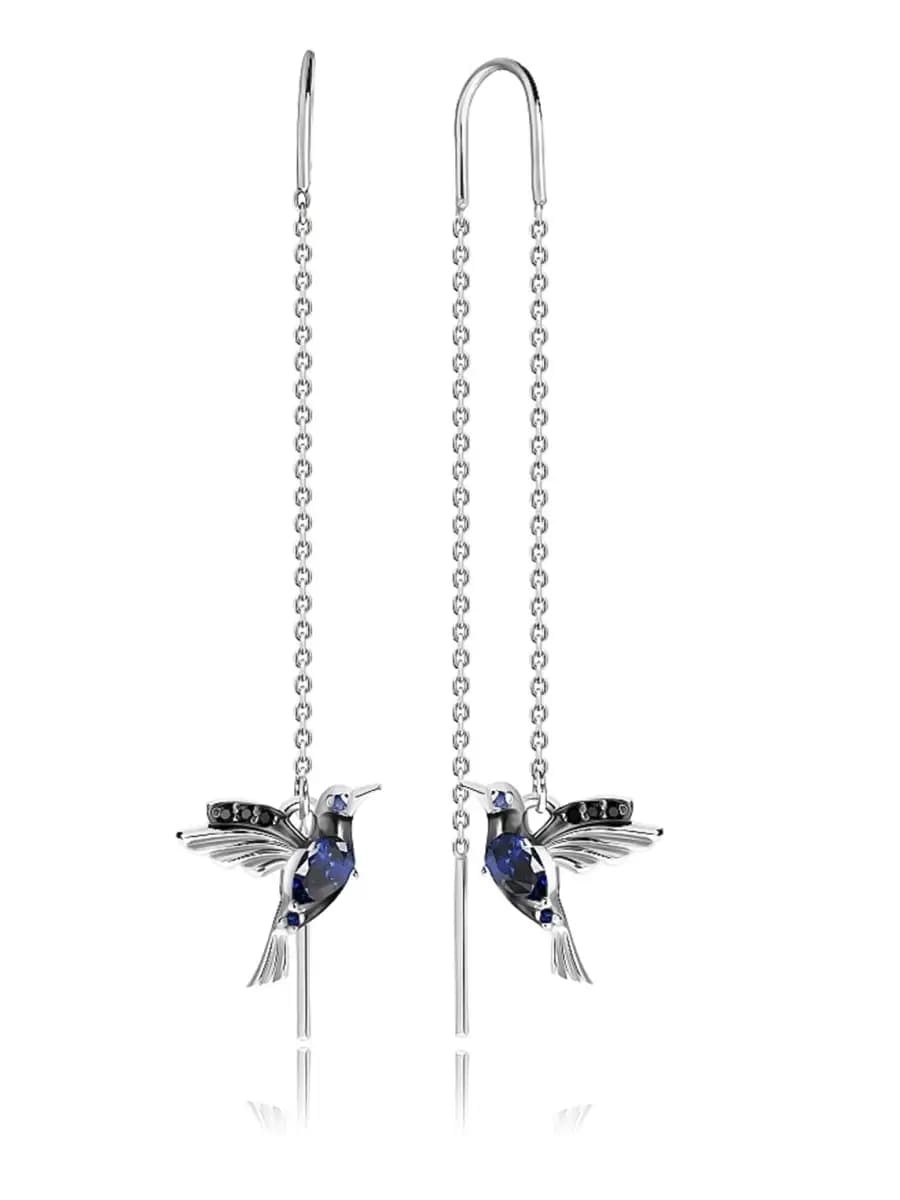 Серьги протяжки серебро 925 птички серебряные с камнями