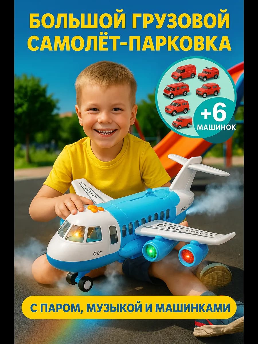 Самолёт игрушка детский грузовой с паром и машинками