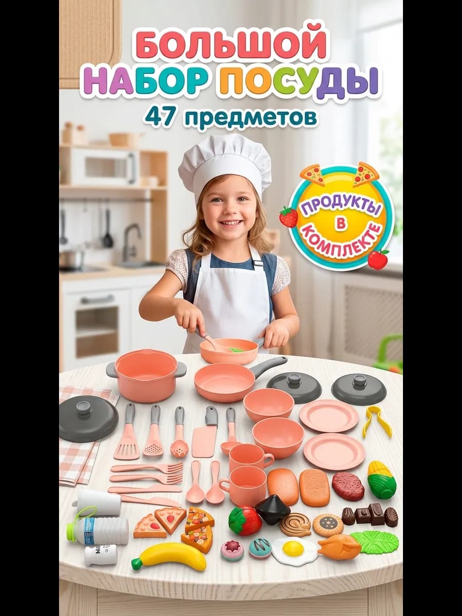 Детский набор игрушечной посуды на кухню и продукты