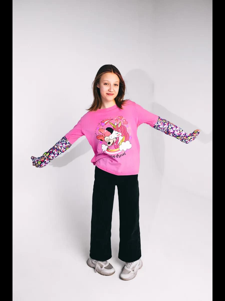 Лонгслив детский с тату рукавами Минни Маус и Единорог
