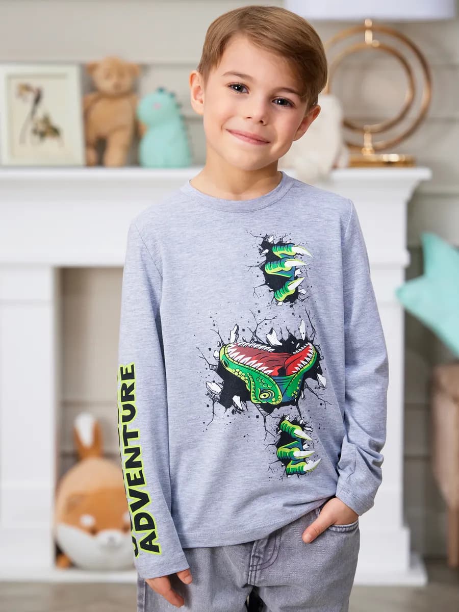 Лонгслив для мальчика в школу в садик с принтом динозавр