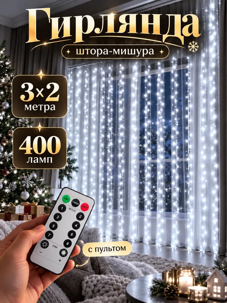 Гирлянда штора хвойная лапа мишура 3x2 м