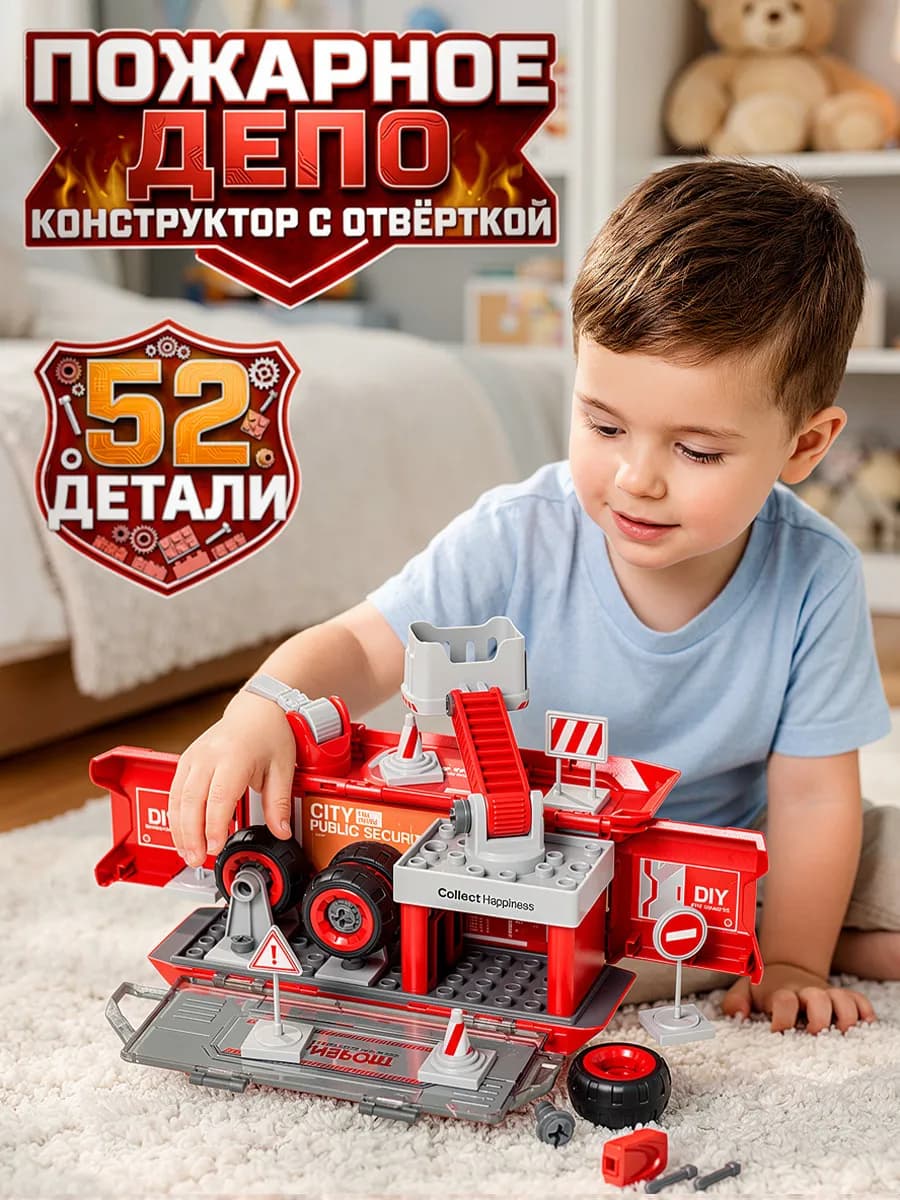 Детский конструктор развивающий с отверткой Пожарное депо
