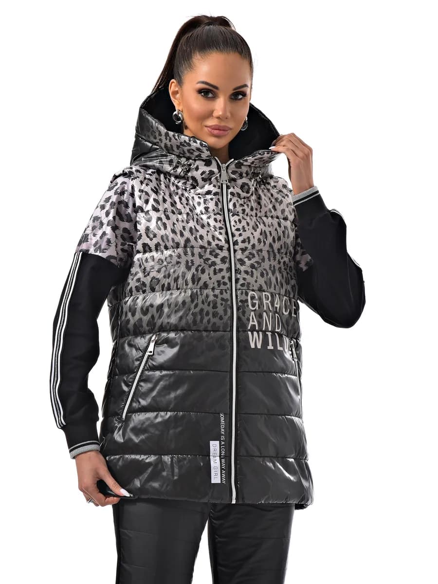 Жилет леопардовый женский с капюшоном на весну