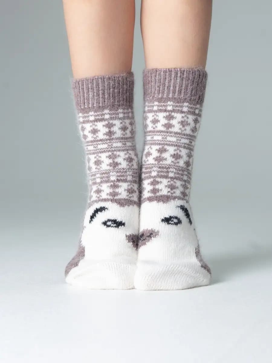 Носки детские из шерсти ангоры с рисунком мишки высокие