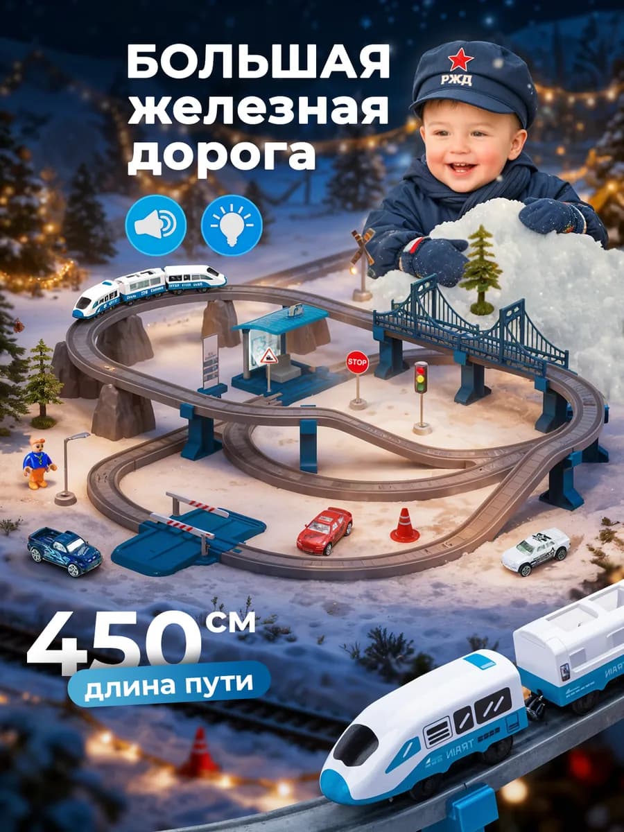Железная дорога + автотрек с машинками 450 см
