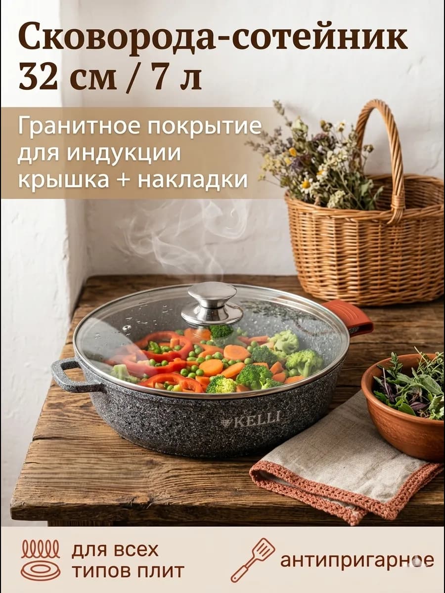 Сковорода-сотейник 7 л с гранитным покрытием 32 см