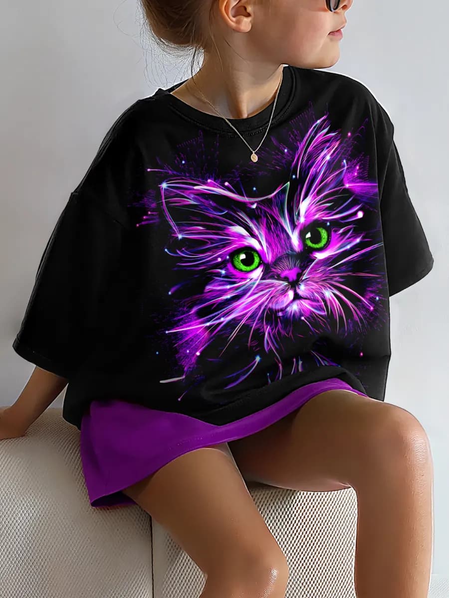 Футболка повседневная хлопок с принтом кошки светящаяся